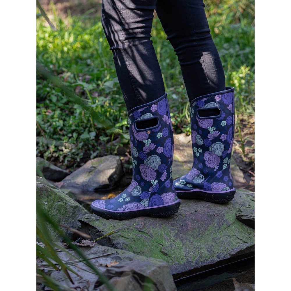 Bogs Rainbt Jardin Rain Boots Black Purple Floral Waterproof Size 10